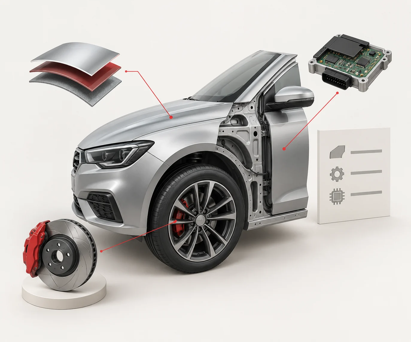 Kaporta, mekanik ve elektronik incelemeyi anlatan temsili illüstrasyon
